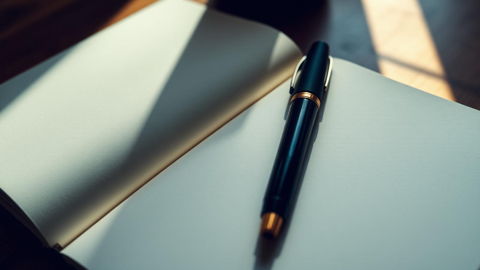 Fountain pen resting on an open notebook